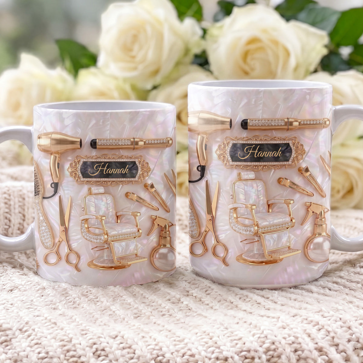 Hair Stylist Elegance With Mother of Pearl Mosaic & Gold Salon Tools - Personalized Custom Edge-to-edge Mug - JBS002_MG