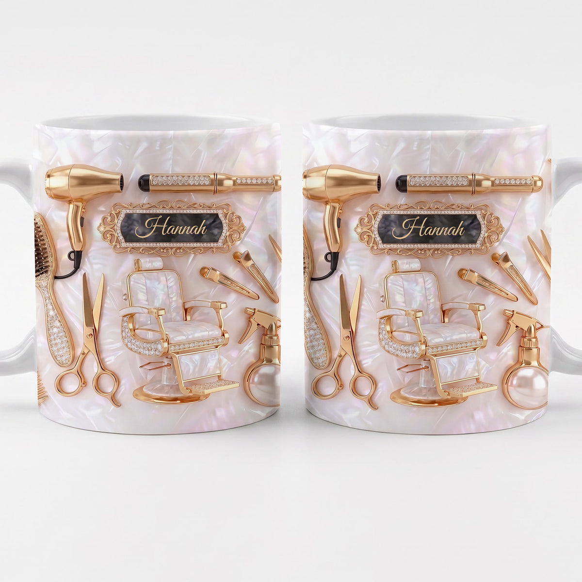 Hair Stylist Elegance With Mother of Pearl Mosaic & Gold Salon Tools - Personalized Custom Edge-to-edge Mug - JBS002_MG