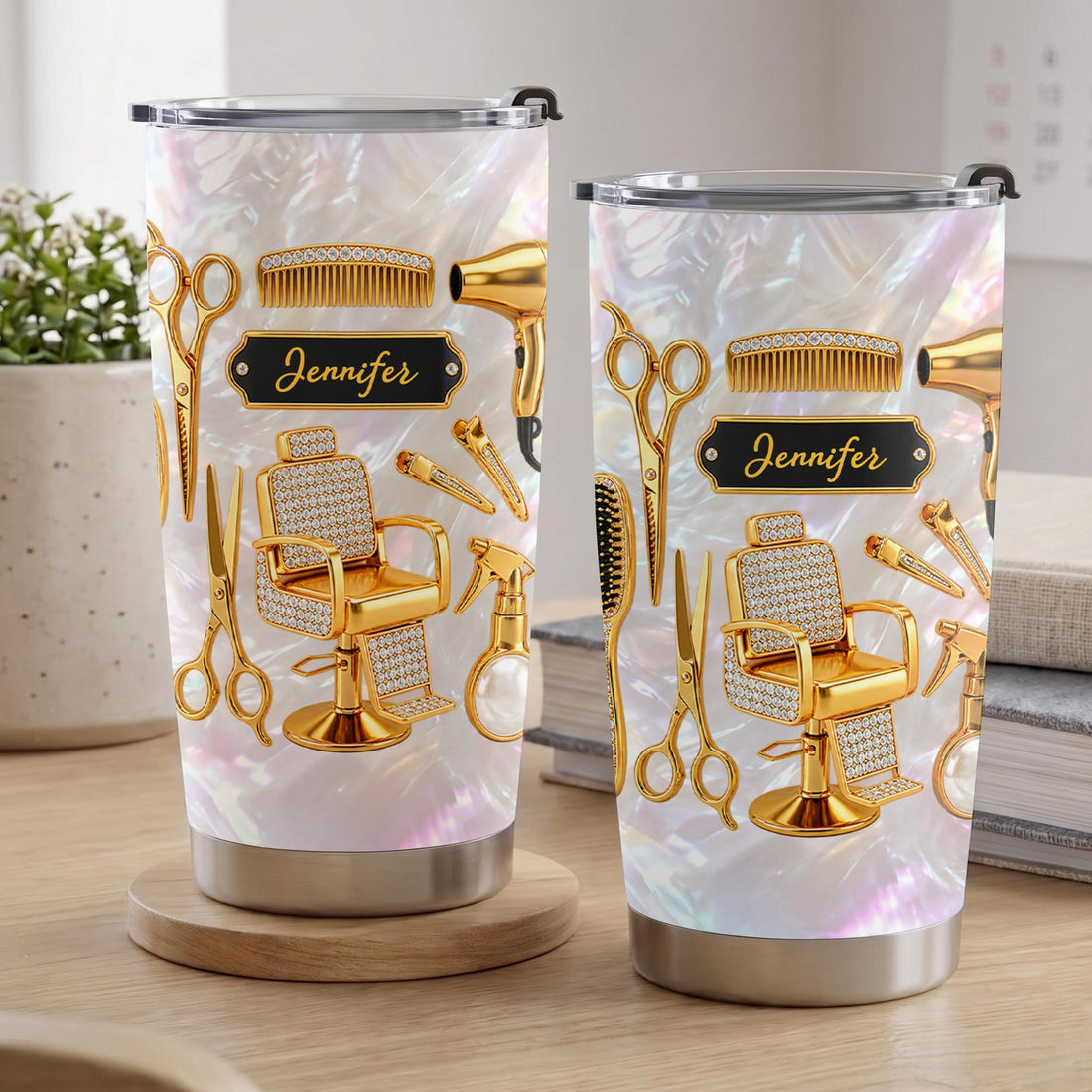 Personalized Hairstylist Gold Salon Theme Stainless Steel Tumbler – Custom Name Hair Stylist Travel Mug, Perfect Gift for Hairdresser - JBS016_TB
