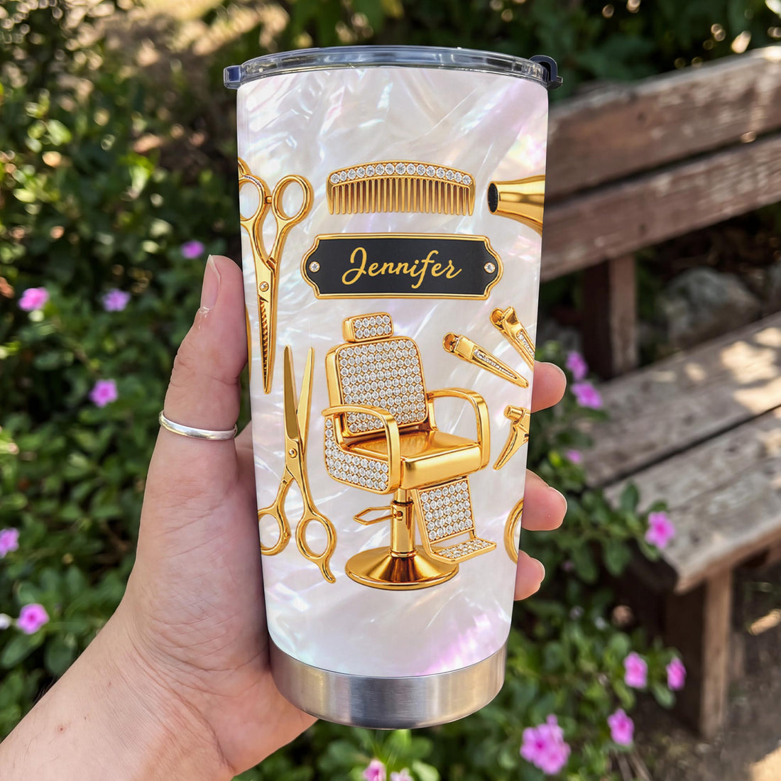 Personalized Hairstylist Gold Salon Theme Stainless Steel Tumbler – Custom Name Hair Stylist Travel Mug, Perfect Gift for Hairdresser - JBS016_TB