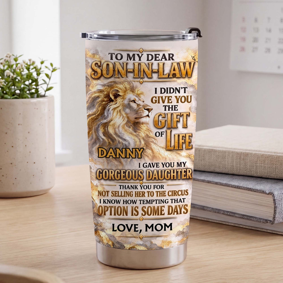 Personalized Son-in-Law Gift from Mother-in-Law – Majestic Gold Lion & Marble Design – Custom Name Stainless Steel Tumbler 20oz - SON003_TB