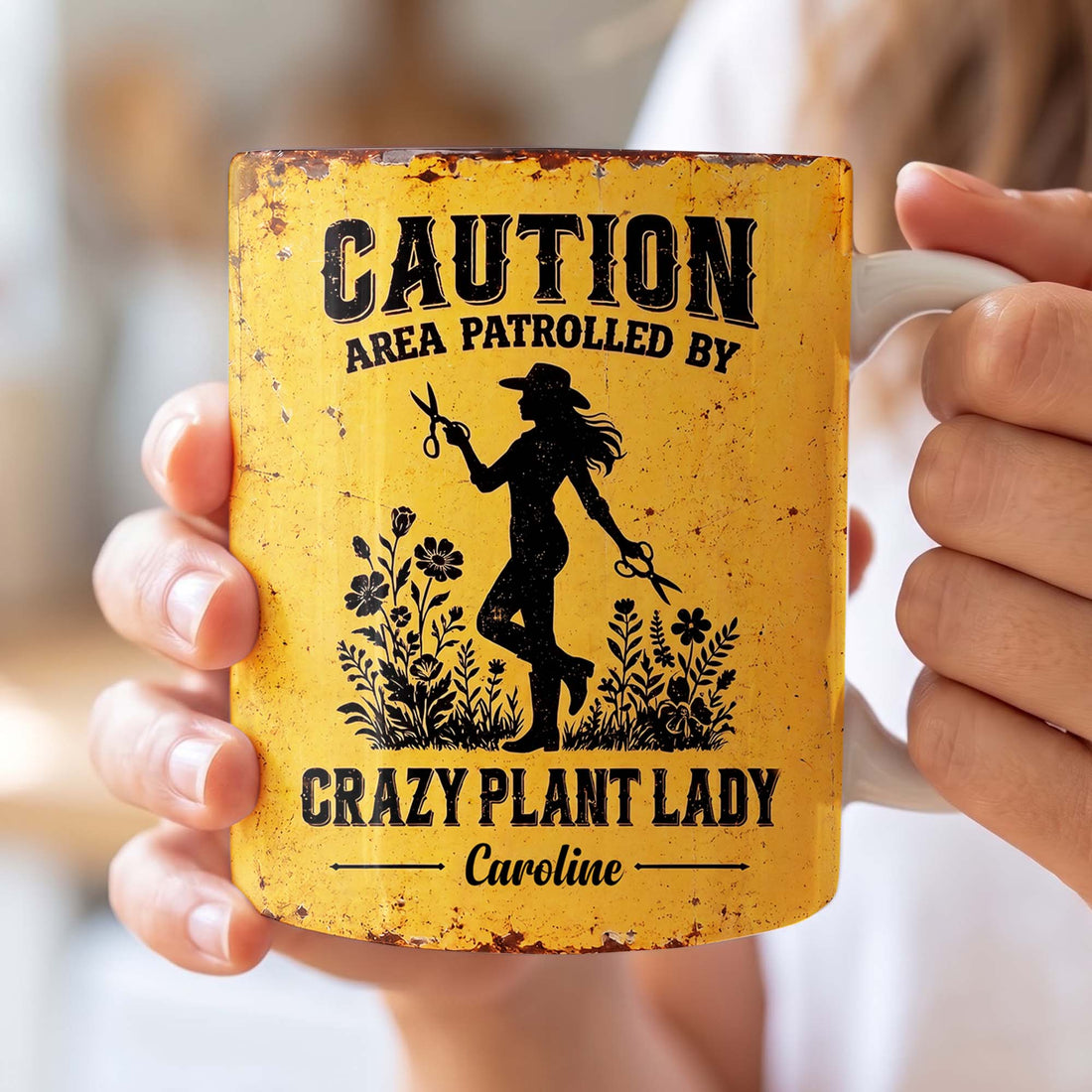 Personalized Crazy Plant Lady Mug – Rustic Yellow Caution Sign Design, Funny Coffee Mug for Gardeners & Plant Lovers - GAR001_MG