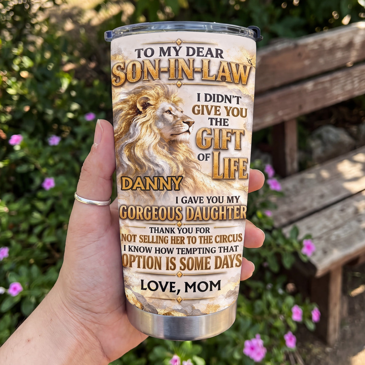Personalized Son-in-Law Gift from Mother-in-Law – Majestic Gold Lion & Marble Design – Custom Name Stainless Steel Tumbler 20oz - SON003_TB
