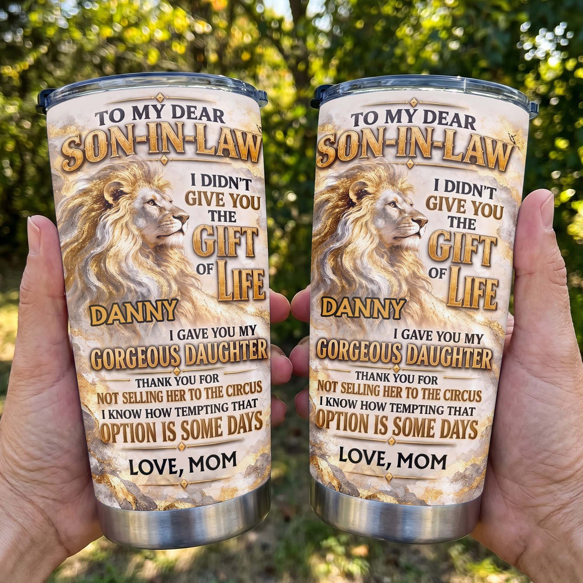 Personalized Son-in-Law Gift from Mother-in-Law – Majestic Gold Lion & Marble Design – Custom Name Stainless Steel Tumbler 20oz - SON003_TB