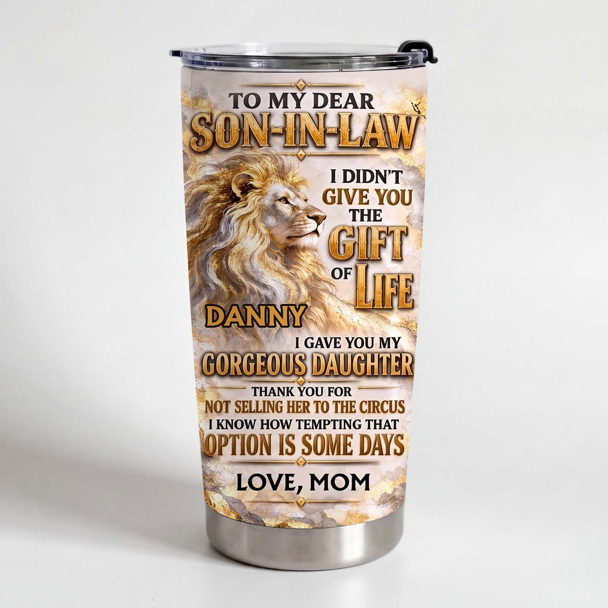 Personalized Son-in-Law Gift from Mother-in-Law – Majestic Gold Lion & Marble Design – Custom Name Stainless Steel Tumbler 20oz - SON003_TB