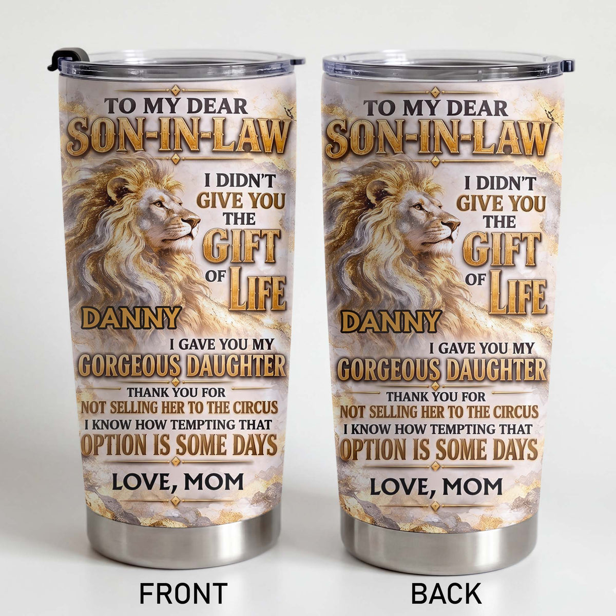 Personalized Son-in-Law Gift from Mother-in-Law – Majestic Gold Lion & Marble Design – Custom Name Stainless Steel Tumbler 20oz - SON003_TB