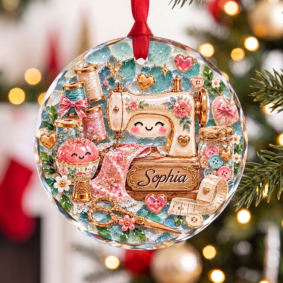 Personalized Sewing Machine Glass Ornament – Custom Name Holiday Tree Keepsake, Cute Crafter & Tailor Christmas Gift - XMAS019_RGO