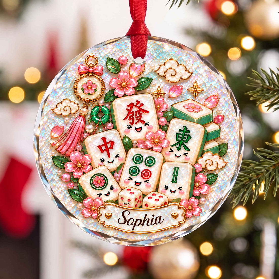 Personalized Mahjong Tiles Christmas Circle Glass Ornament – Custom Name Holiday Tree Keepsake, Festive Game Lover Gift - XMAS021_RGO