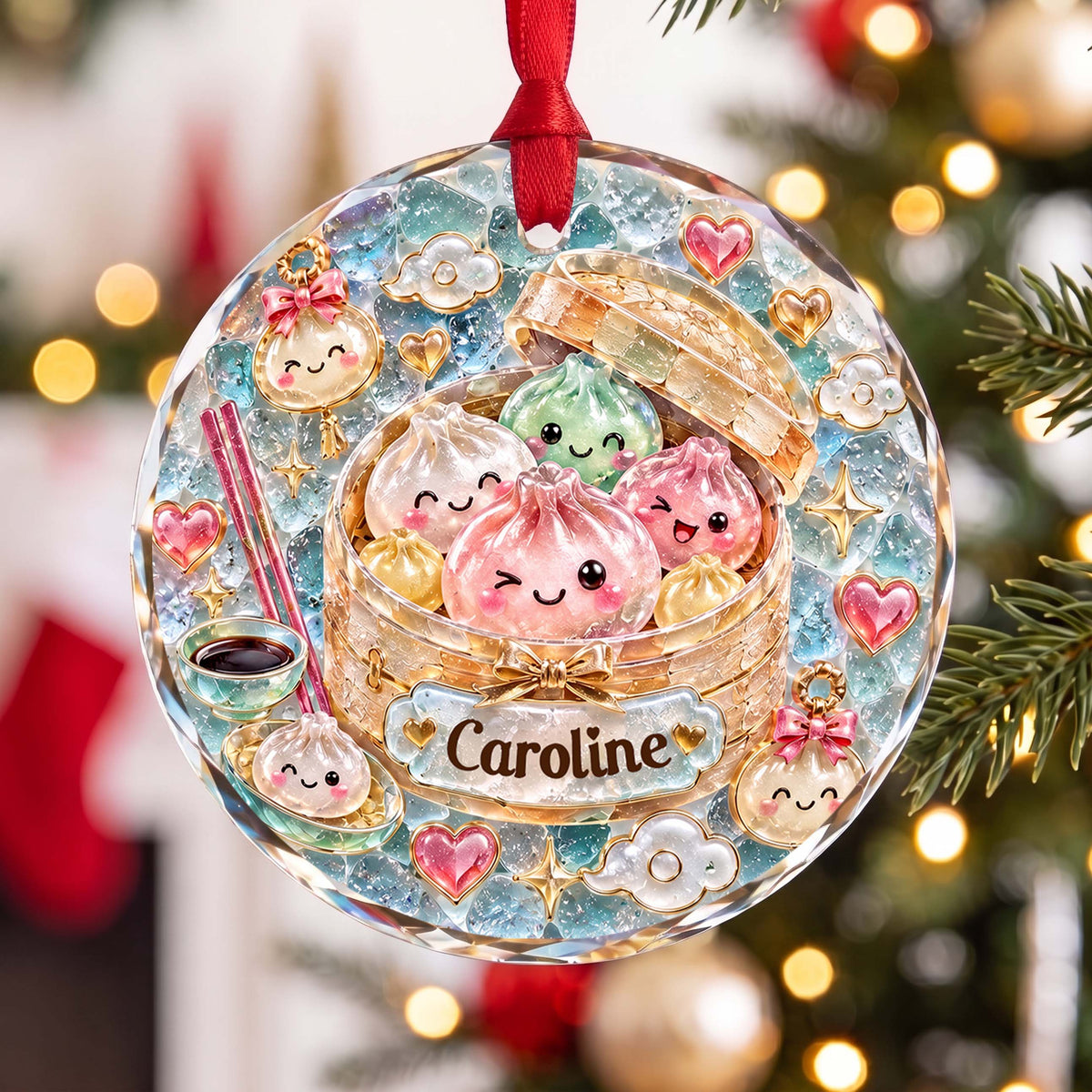 Personalized Cute Dumpling Steamer Glass Ornament – Custom Name Holiday Tree Decor, Kawaii Food Christmas Gift - XMAS018_RGO