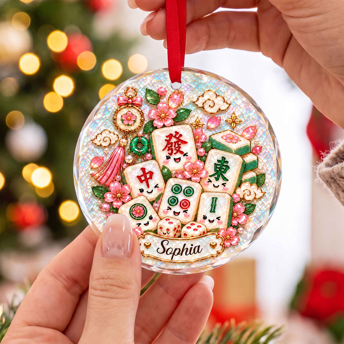 Personalized Mahjong Tiles Christmas Circle Glass Ornament – Custom Name Holiday Tree Keepsake, Festive Game Lover Gift - XMAS021_RGO