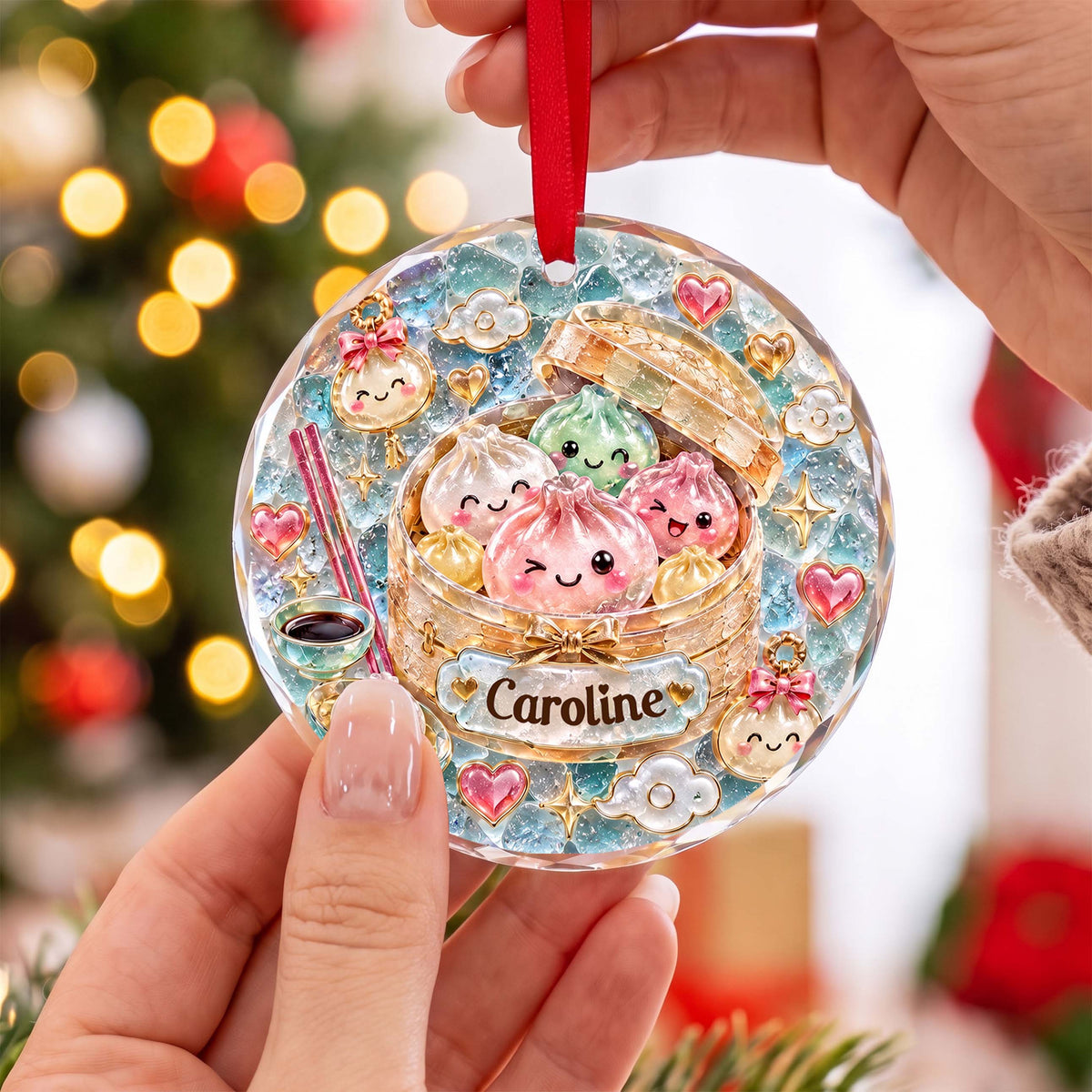 Personalized Cute Dumpling Steamer Glass Ornament – Custom Name Holiday Tree Decor, Kawaii Food Christmas Gift - XMAS018_RGO