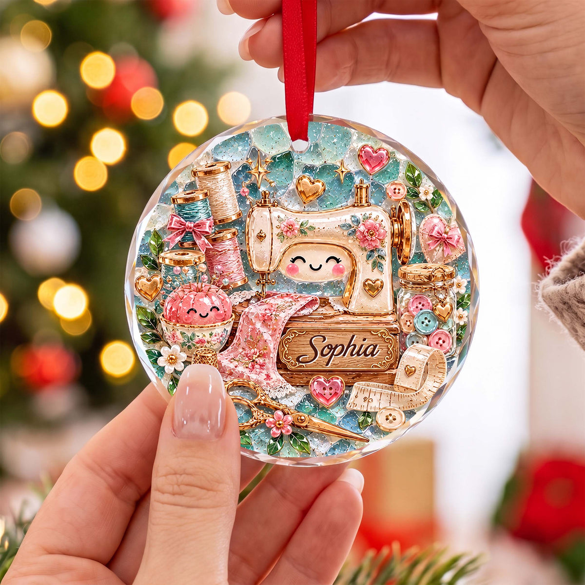 Personalized Sewing Machine Glass Ornament – Custom Name Holiday Tree Keepsake, Cute Crafter & Tailor Christmas Gift - XMAS019_RGO