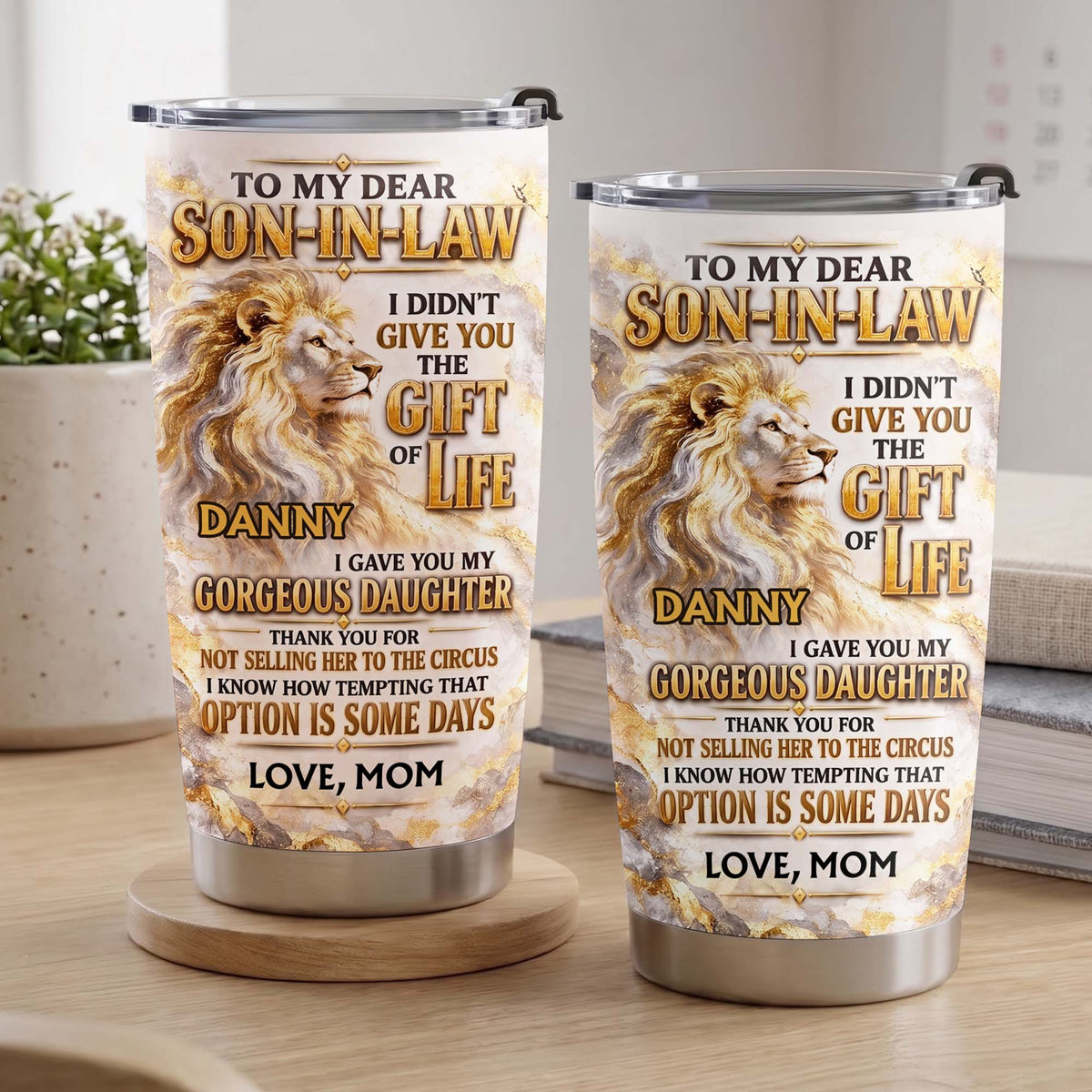 Personalized Son-in-Law Gift from Mother-in-Law – Majestic Gold Lion & Marble Design – Custom Name Stainless Steel Tumbler 20oz - SON003_TB