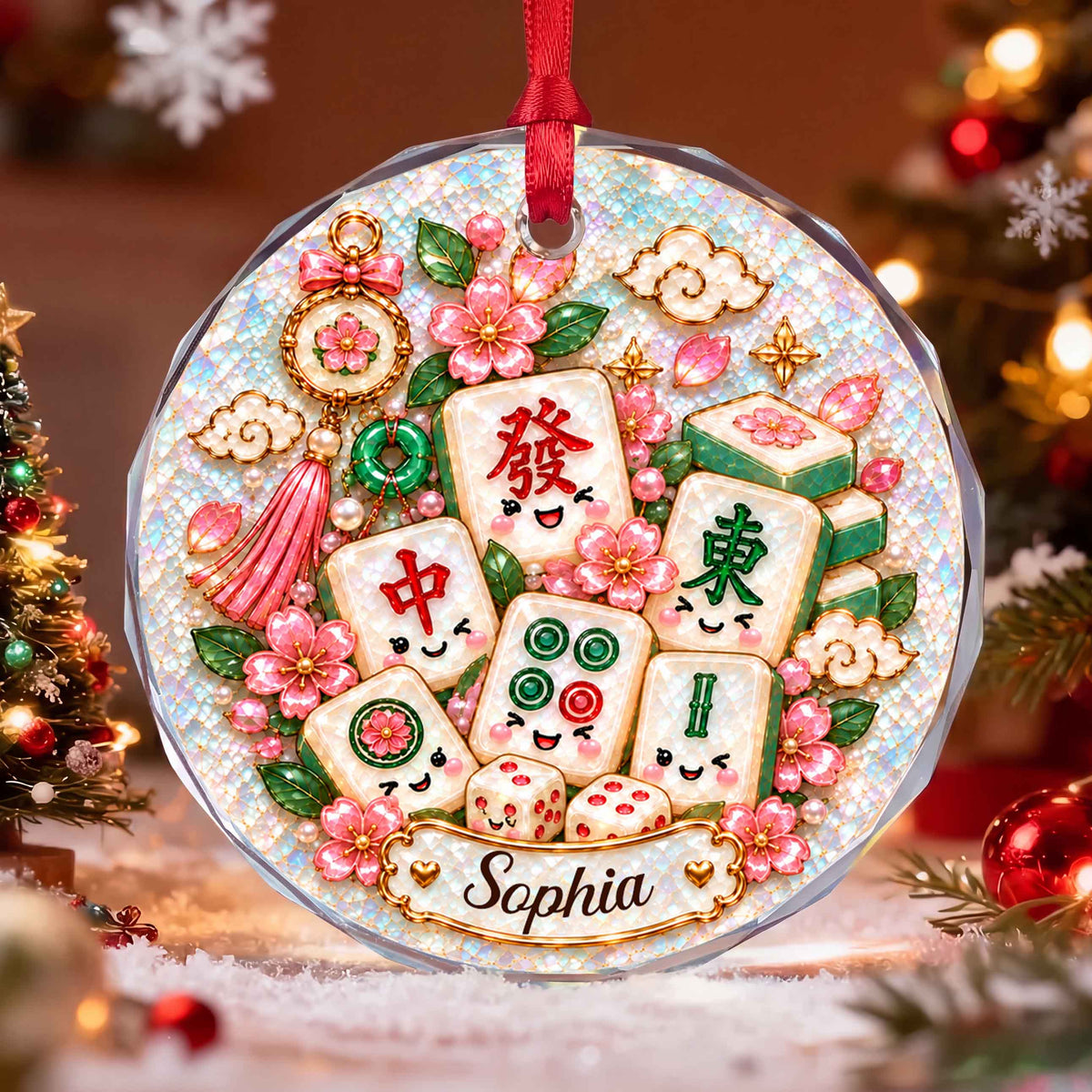 Personalized Mahjong Tiles Christmas Circle Glass Ornament – Custom Name Holiday Tree Keepsake, Festive Game Lover Gift - XMAS021_RGO