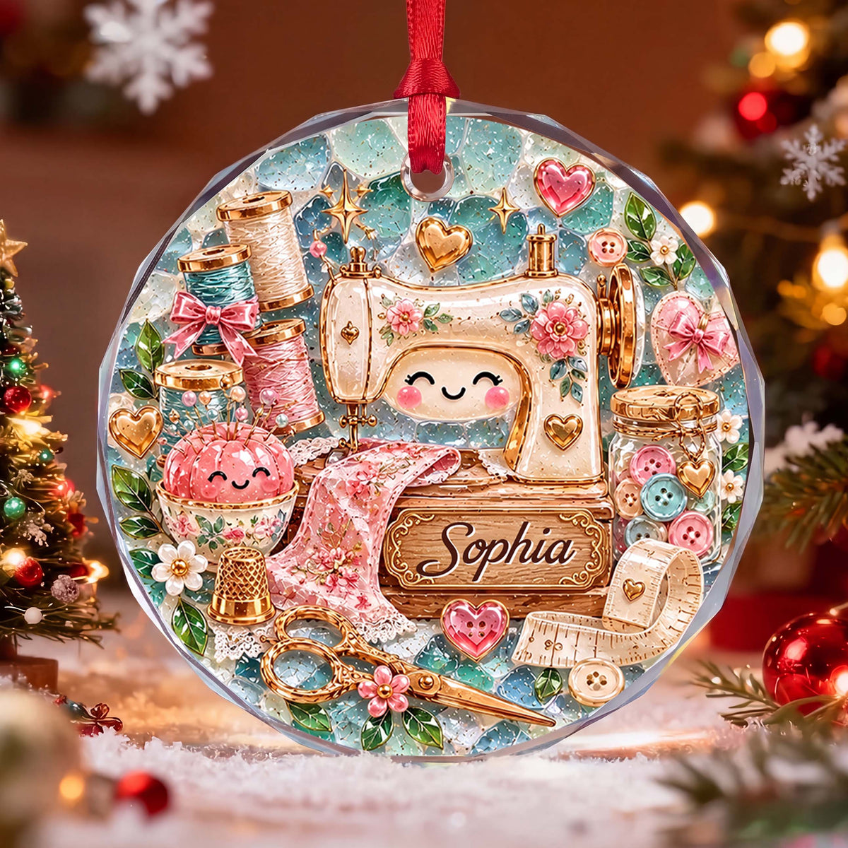 Personalized Sewing Machine Glass Ornament – Custom Name Holiday Tree Keepsake, Cute Crafter & Tailor Christmas Gift - XMAS019_RGO