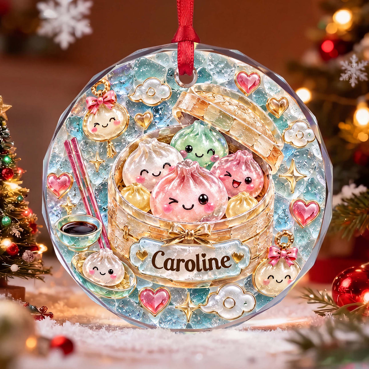 Personalized Cute Dumpling Steamer Glass Ornament – Custom Name Holiday Tree Decor, Kawaii Food Christmas Gift - XMAS018_RGO