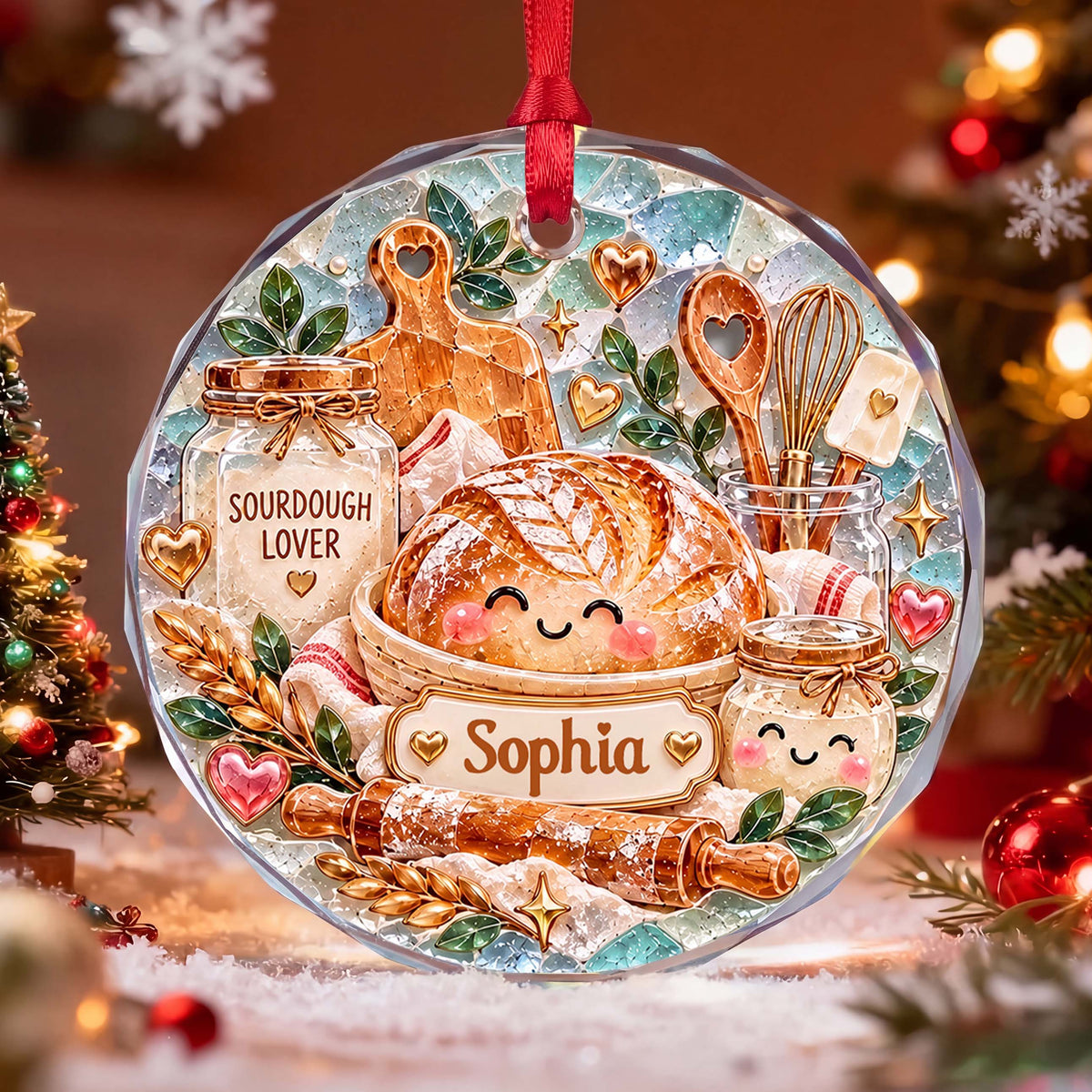 Personalized Sourdough Lover Circle Glass Ornament – Custom Baking Name Holiday Tree Decor, Christmas Gift for Baker - 9062 - XMAS020_RGO