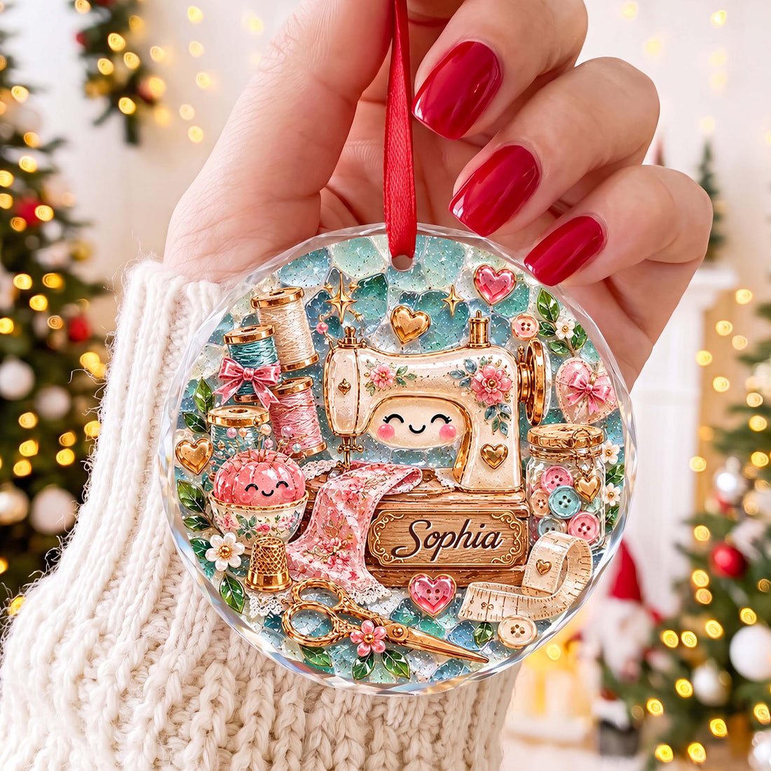 Personalized Sewing Machine Glass Ornament – Custom Name Holiday Tree Keepsake, Cute Crafter & Tailor Christmas Gift - XMAS019_RGO