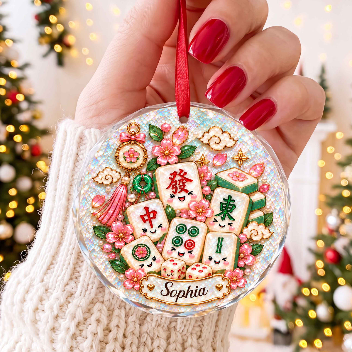 Personalized Mahjong Tiles Christmas Circle Glass Ornament – Custom Name Holiday Tree Keepsake, Festive Game Lover Gift - XMAS021_RGO