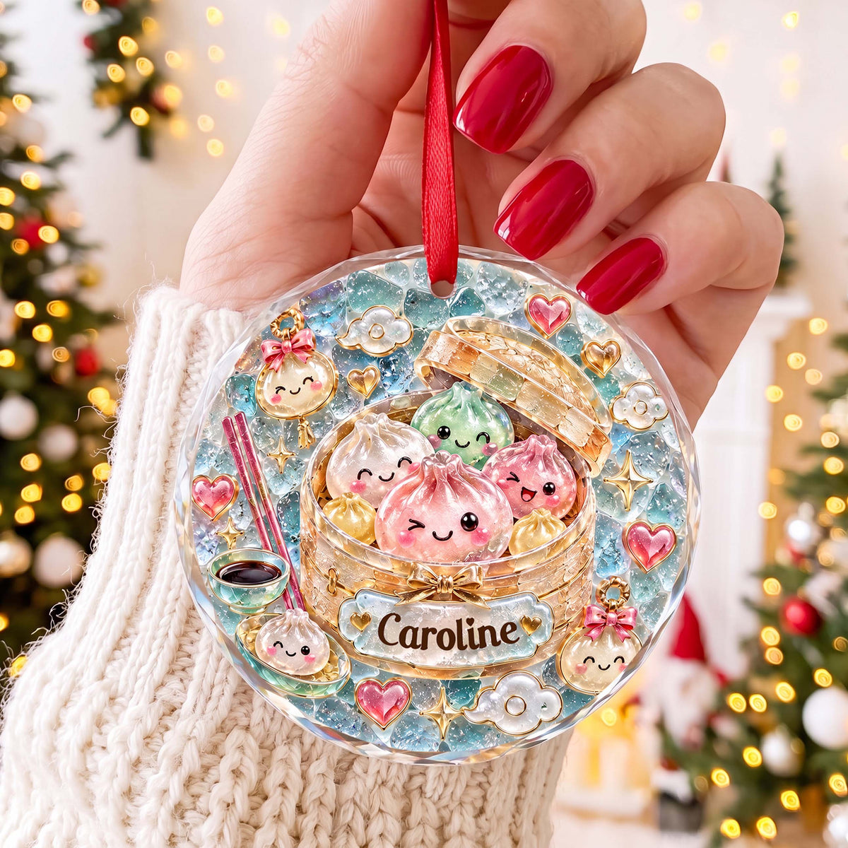 Personalized Cute Dumpling Steamer Glass Ornament – Custom Name Holiday Tree Decor, Kawaii Food Christmas Gift - XMAS018_RGO