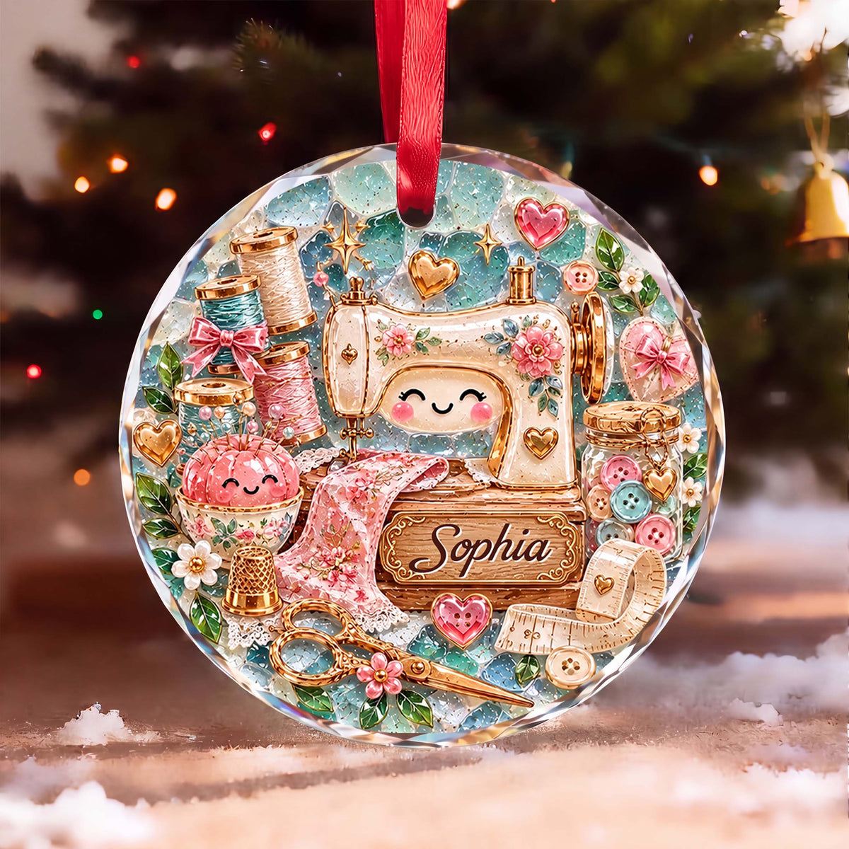 Personalized Sewing Machine Glass Ornament – Custom Name Holiday Tree Keepsake, Cute Crafter & Tailor Christmas Gift - XMAS019_RGO