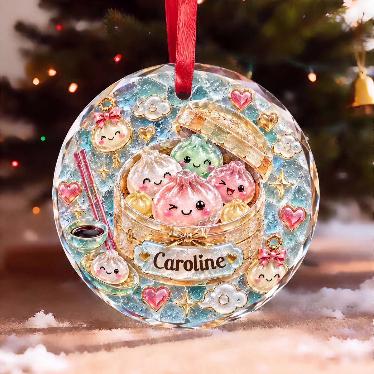Personalized Cute Dumpling Steamer Glass Ornament – Custom Name Holiday Tree Decor, Kawaii Food Christmas Gift - XMAS018_RGO