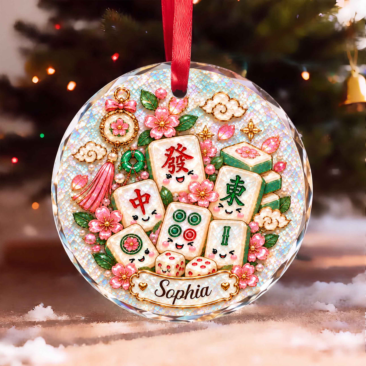 Personalized Mahjong Tiles Christmas Circle Glass Ornament – Custom Name Holiday Tree Keepsake, Festive Game Lover Gift - XMAS021_RGO