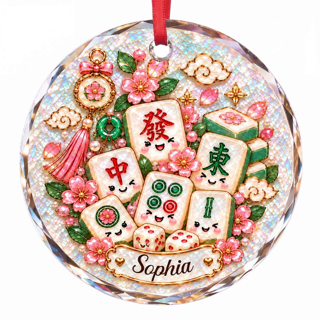 Personalized Mahjong Tiles Christmas Circle Glass Ornament – Custom Name Holiday Tree Keepsake, Festive Game Lover Gift - XMAS021_RGO