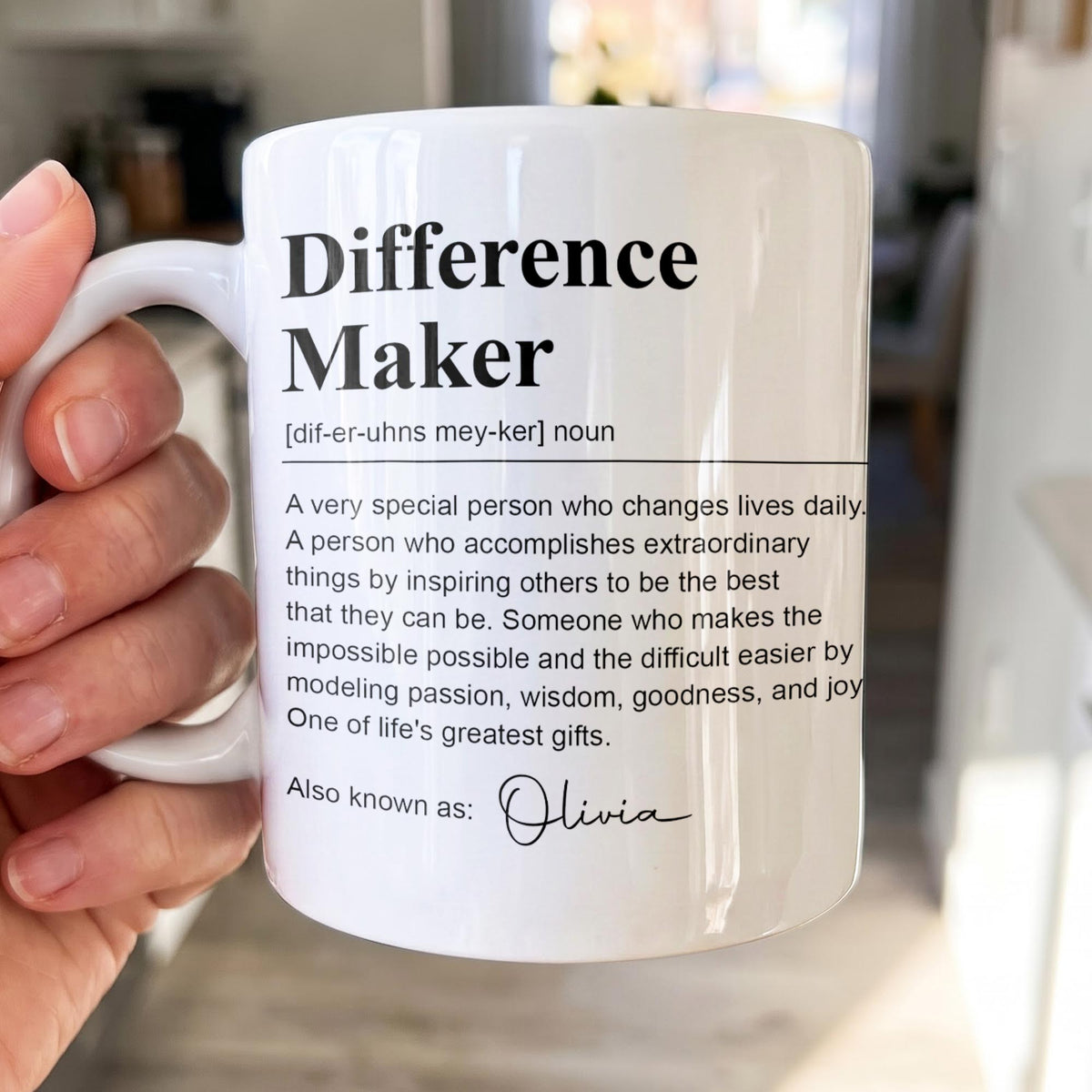 Personalized Difference Maker Definition Ceramic Coffee Mug – Custom Name Inspirational Quote Gift for Mentor, Teacher or Leader - TEA001_MG