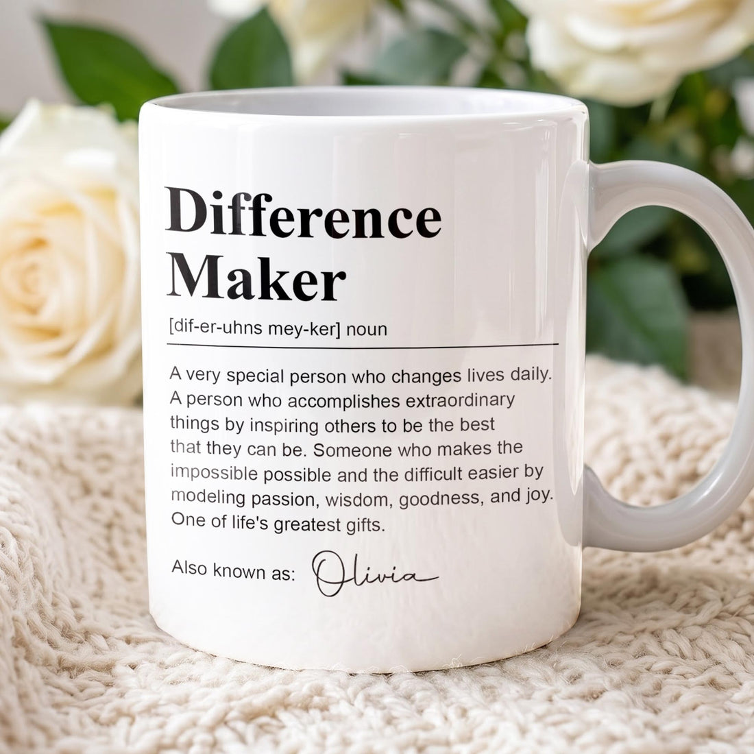 Personalized Difference Maker Definition Ceramic Coffee Mug – Custom Name Inspirational Quote Gift for Mentor, Teacher or Leader - TEA001_MG