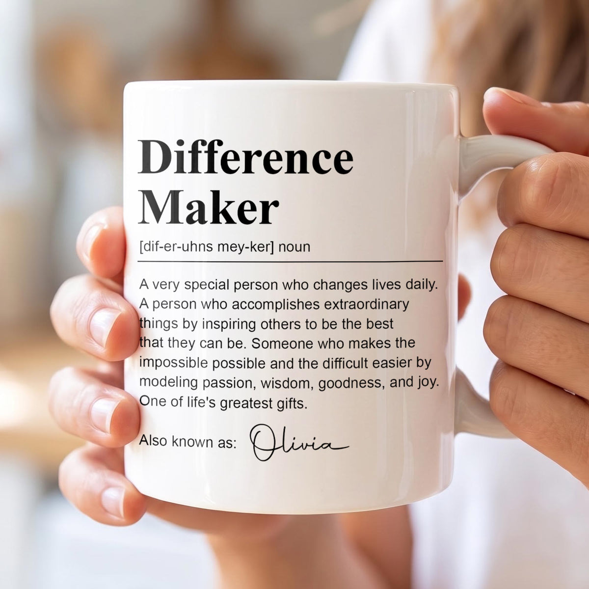 Personalized Difference Maker Definition Ceramic Coffee Mug – Custom Name Inspirational Quote Gift for Mentor, Teacher or Leader - TEA001_MG