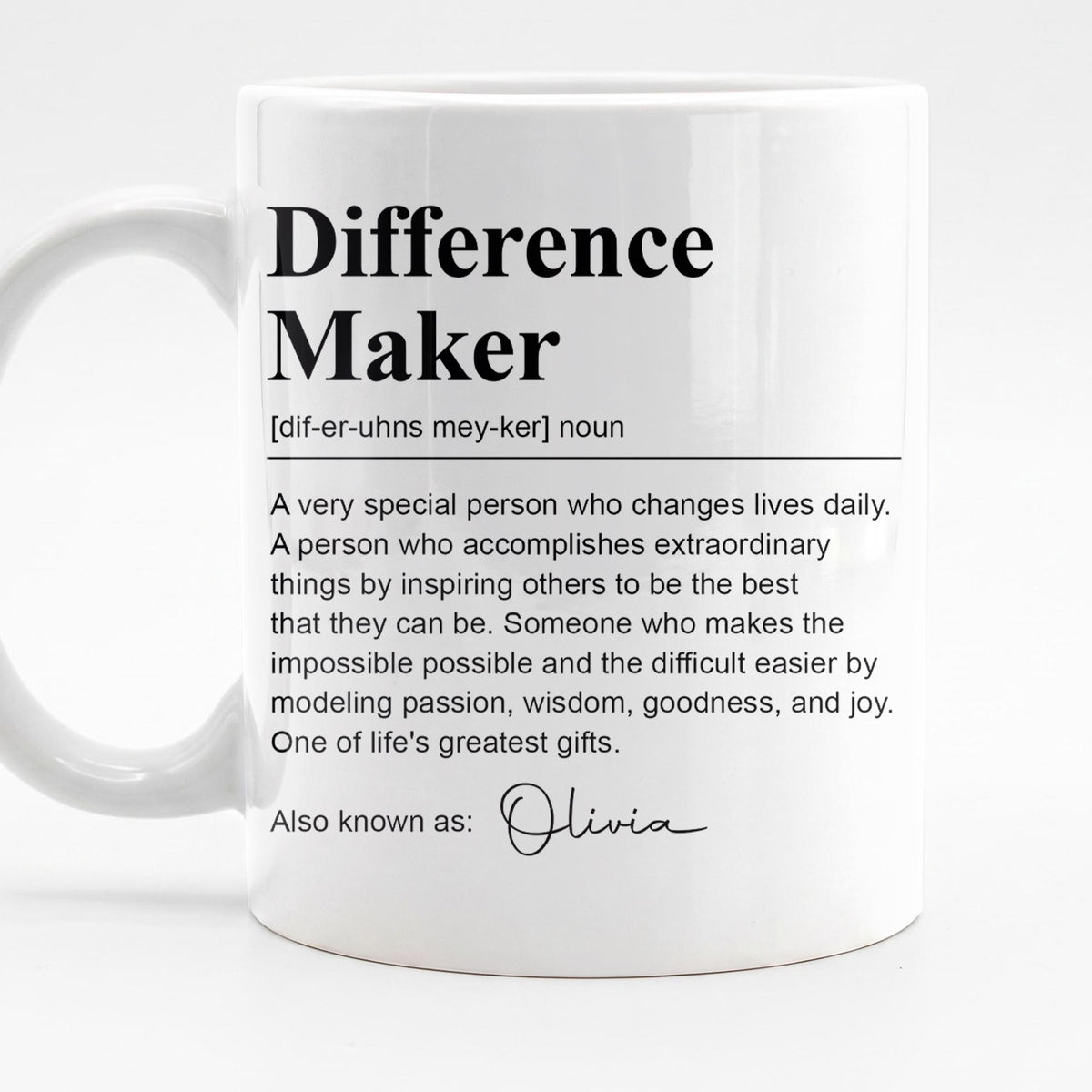 Personalized Difference Maker Definition Ceramic Coffee Mug – Custom Name Inspirational Quote Gift for Mentor, Teacher or Leader - TEA001_MG
