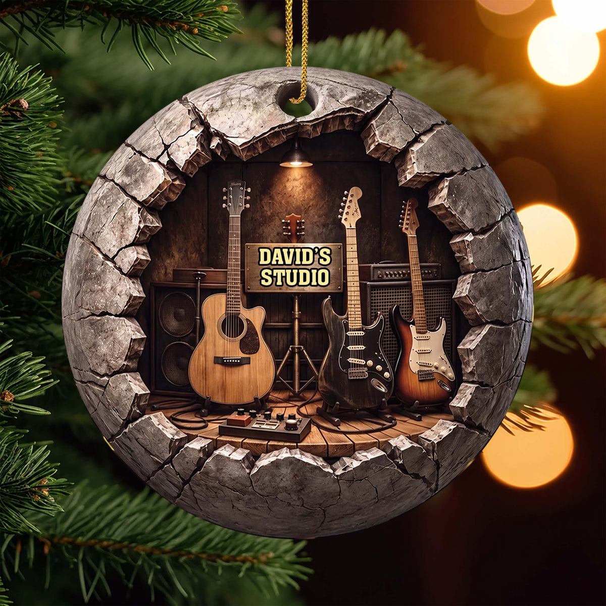 Personalized Music Studio 3D Effect Guitars & Cracked Stone Wall - Custom Guitar Lover Acrylic Ornament - XMAS002_ACO