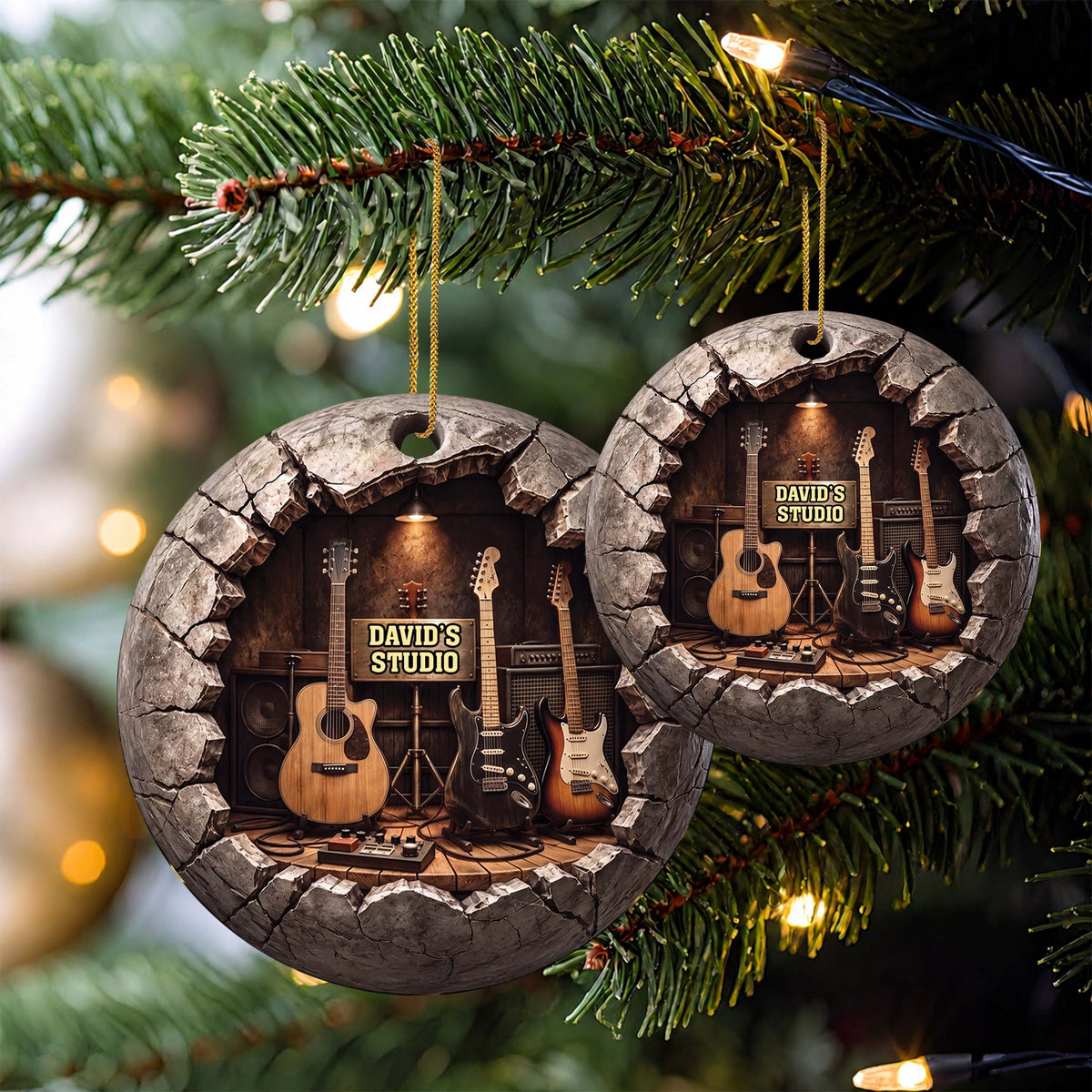 Personalized Music Studio 3D Effect Guitars & Cracked Stone Wall - Custom Guitar Lover Acrylic Ornament - XMAS002_ACO