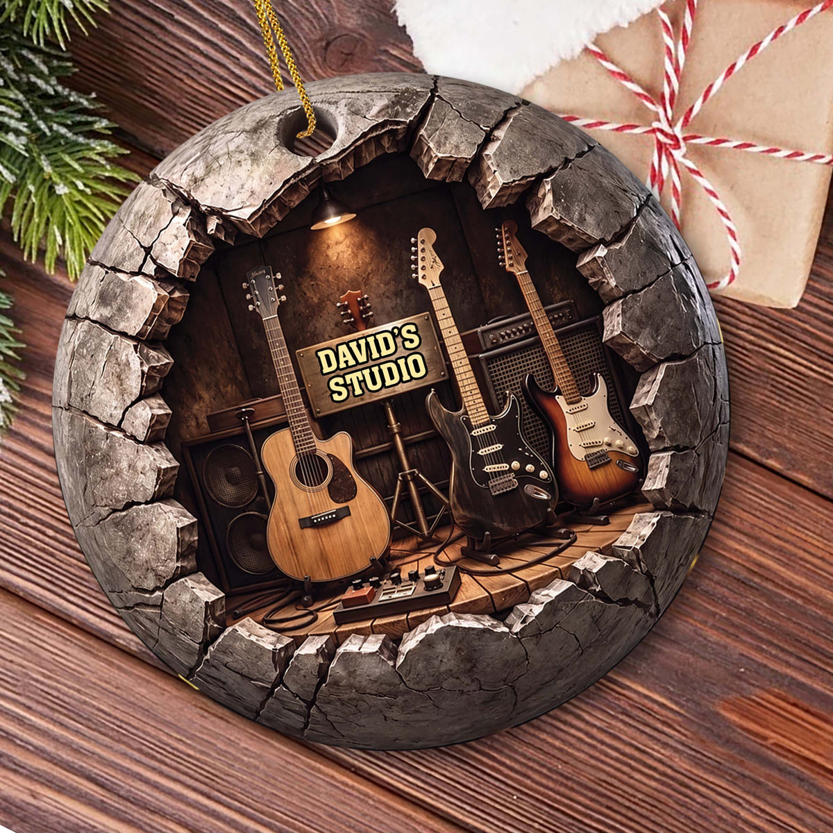 Personalized Music Studio 3D Effect Guitars & Cracked Stone Wall - Custom Guitar Lover Acrylic Ornament - XMAS002_ACO