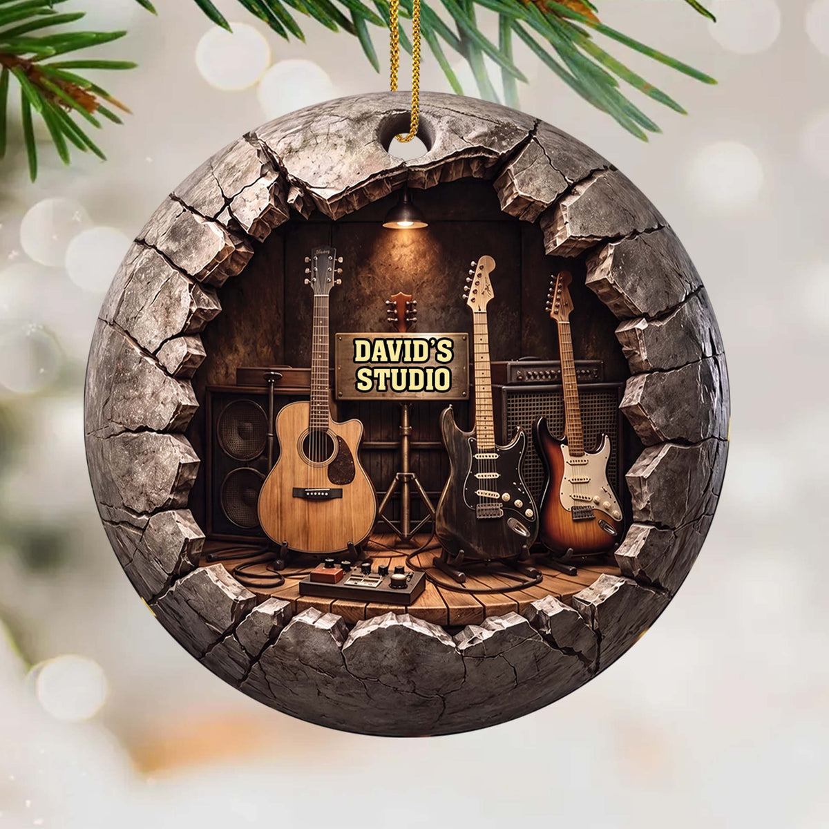 Personalized Music Studio 3D Effect Guitars & Cracked Stone Wall - Custom Guitar Lover Acrylic Ornament - XMAS002_ACO
