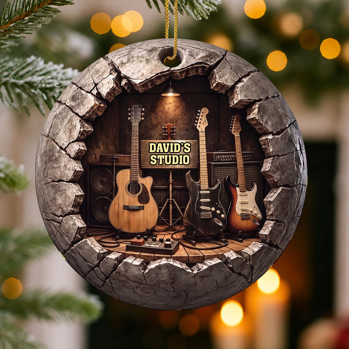 Personalized Music Studio 3D Effect Guitars & Cracked Stone Wall - Custom Guitar Lover Acrylic Ornament - XMAS002_ACO