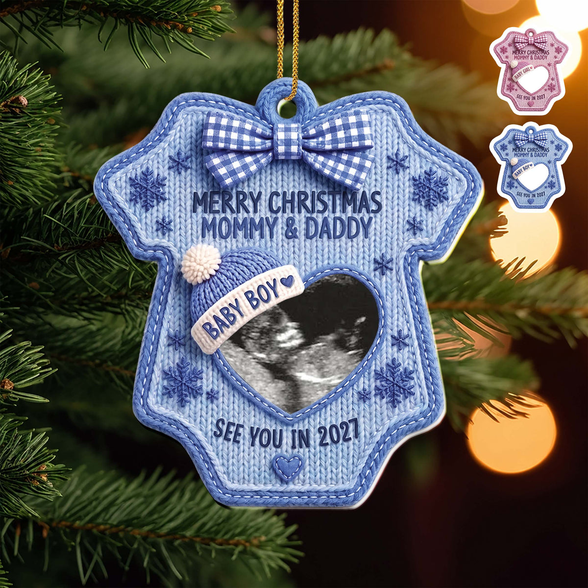 Personalized Ultrasound Photo Christmas Ornament – Baby Bodysuit Design, Custom Acrylic Pregnancy Announcement, Gift for Expecting Parents - XMAS009_ACO