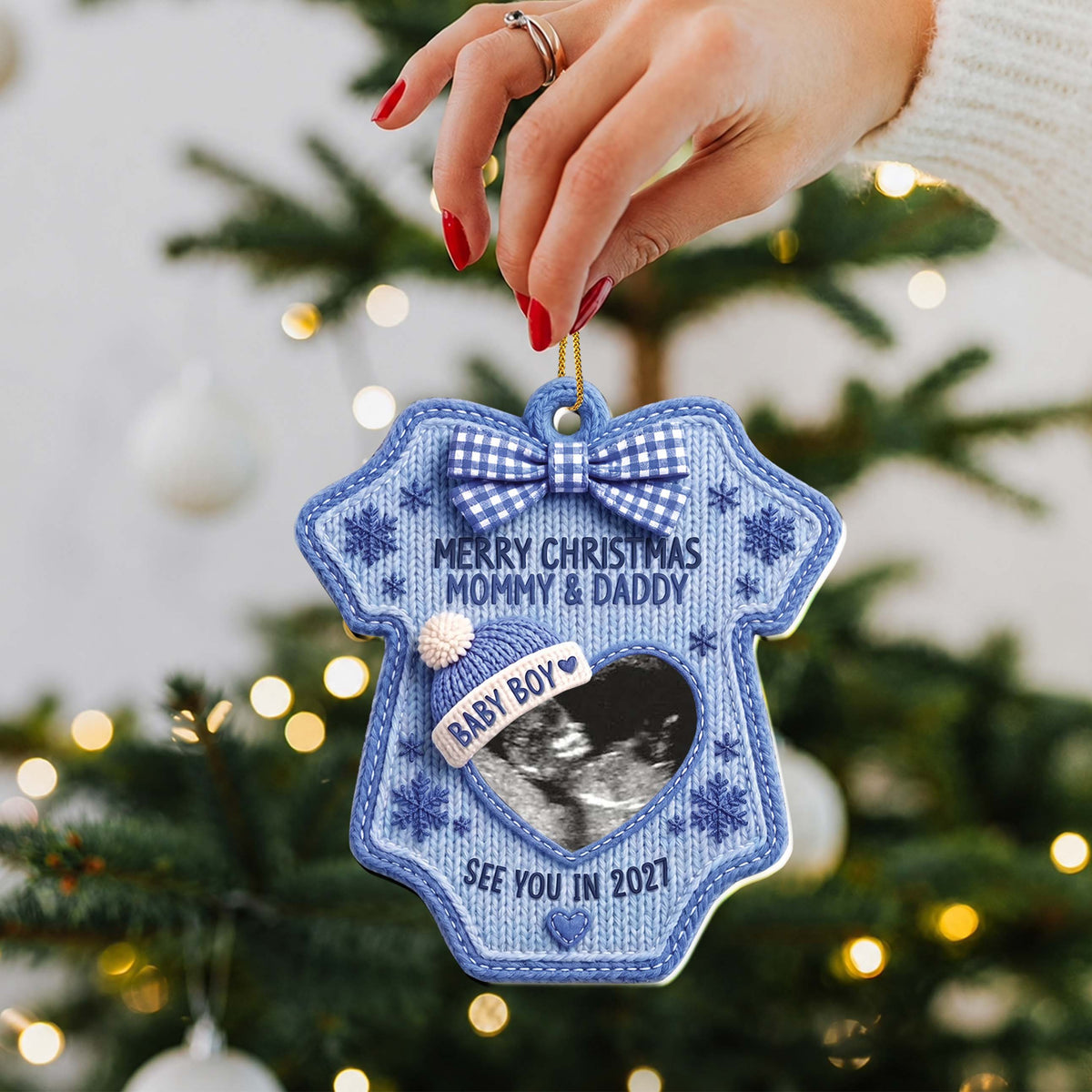 Personalized Ultrasound Photo Christmas Ornament – Baby Bodysuit Design, Custom Acrylic Pregnancy Announcement, Gift for Expecting Parents - XMAS009_ACO