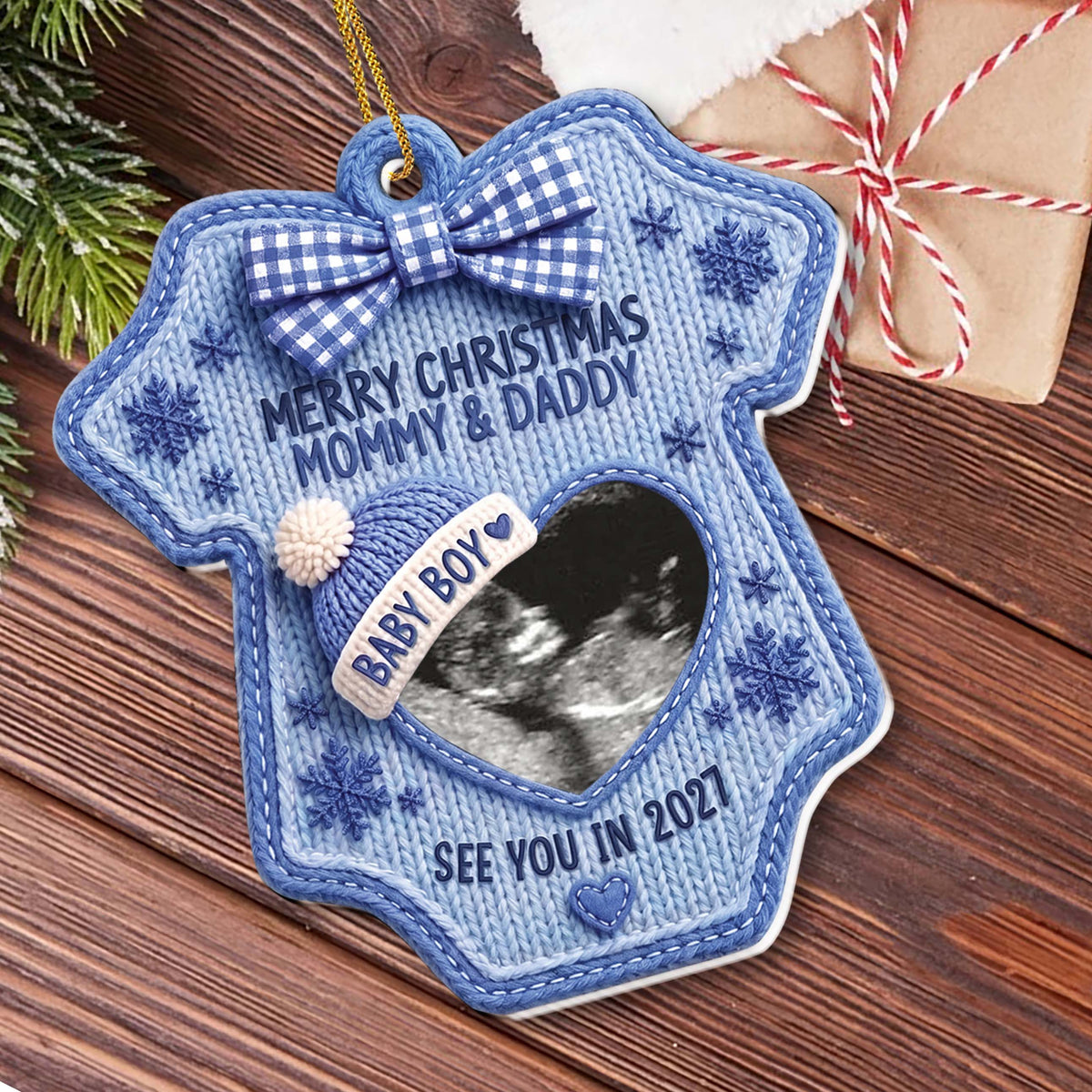 Personalized Ultrasound Photo Christmas Ornament – Baby Bodysuit Design, Custom Acrylic Pregnancy Announcement, Gift for Expecting Parents - XMAS009_ACO