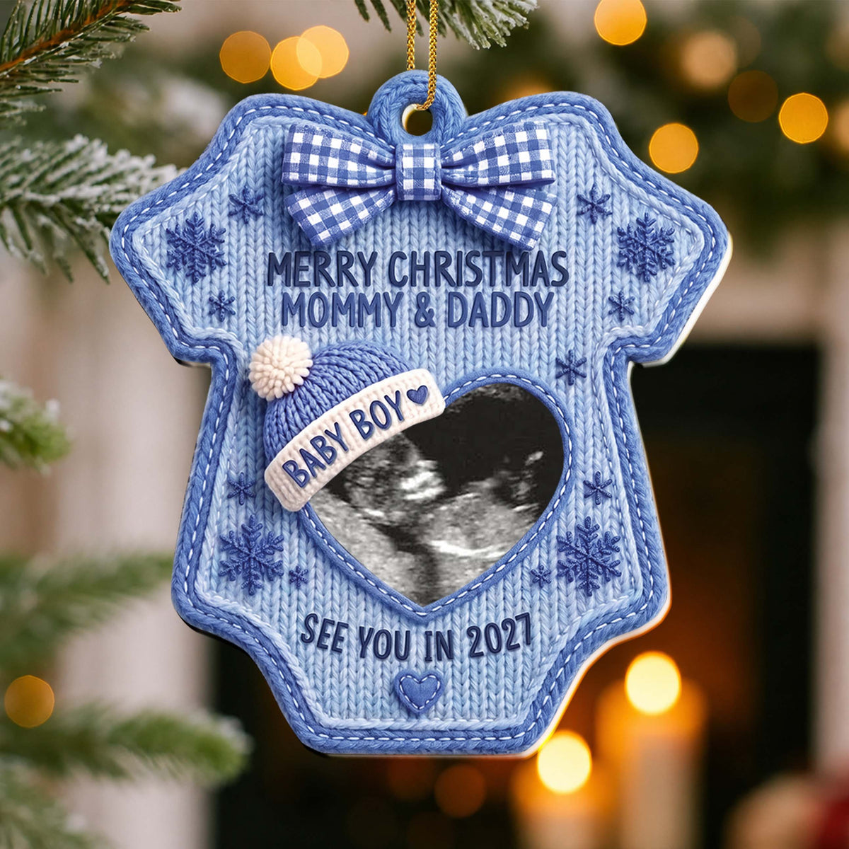 Personalized Ultrasound Photo Christmas Ornament – Baby Bodysuit Design, Custom Acrylic Pregnancy Announcement, Gift for Expecting Parents - XMAS009_ACO