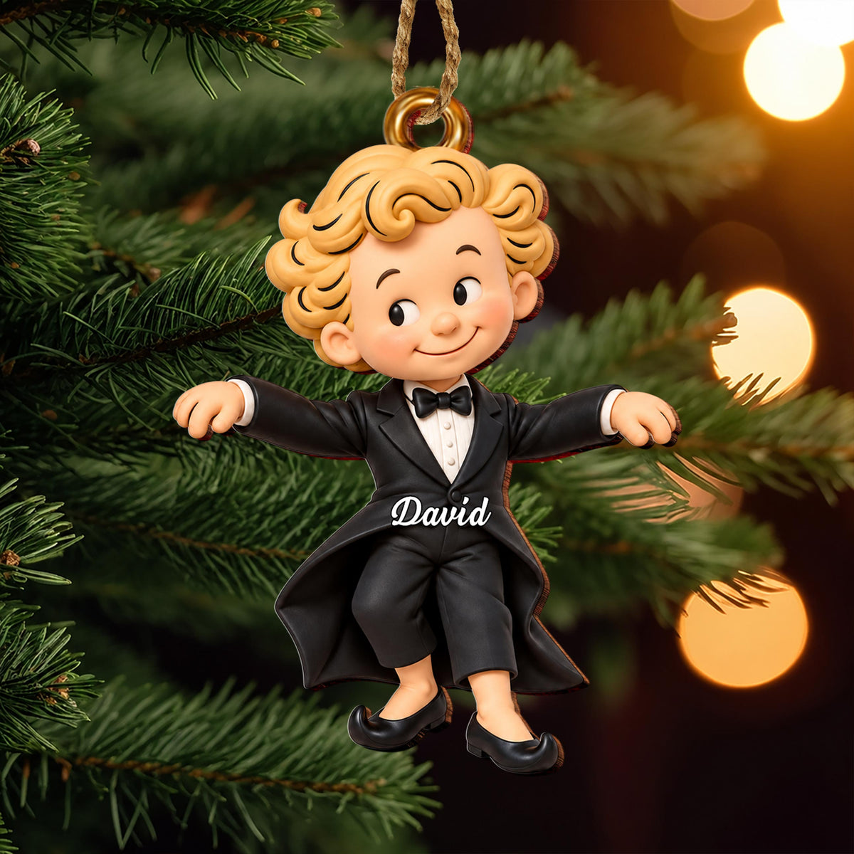 Personalized Boy in Tuxedo Wooden Ornament – Custom Name Christmas Tree Hanging Decor, Holiday Keepsake Gift - XMAS030_WDO
