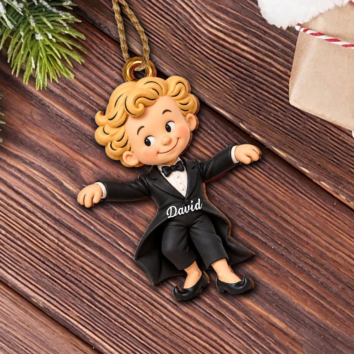Personalized Boy in Tuxedo Wooden Ornament – Custom Name Christmas Tree Hanging Decor, Holiday Keepsake Gift - XMAS030_WDO