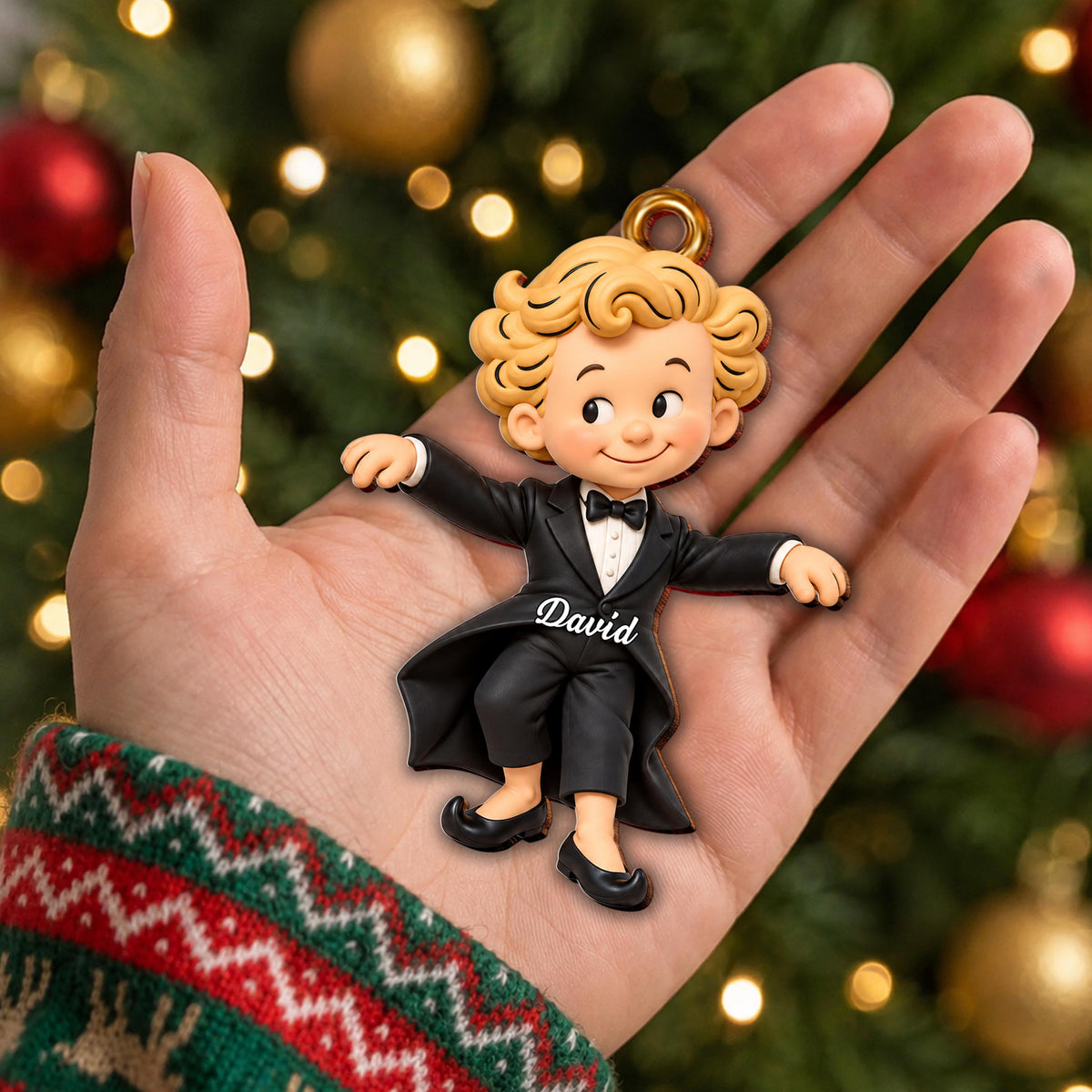 Personalized Boy in Tuxedo Wooden Ornament – Custom Name Christmas Tree Hanging Decor, Holiday Keepsake Gift - XMAS030_WDO