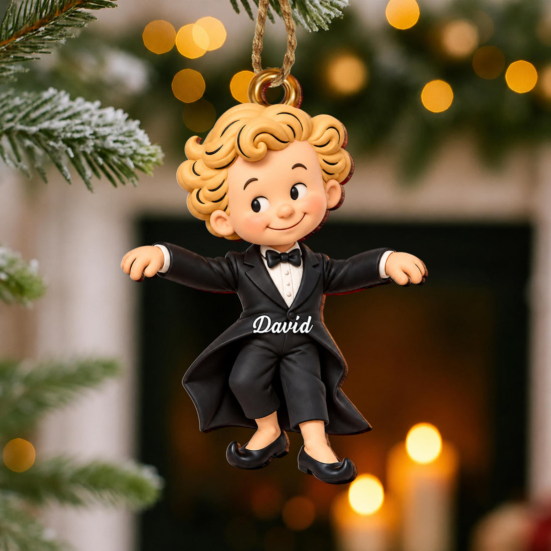 Personalized Boy in Tuxedo Wooden Ornament – Custom Name Christmas Tree Hanging Decor, Holiday Keepsake Gift - XMAS030_WDO
