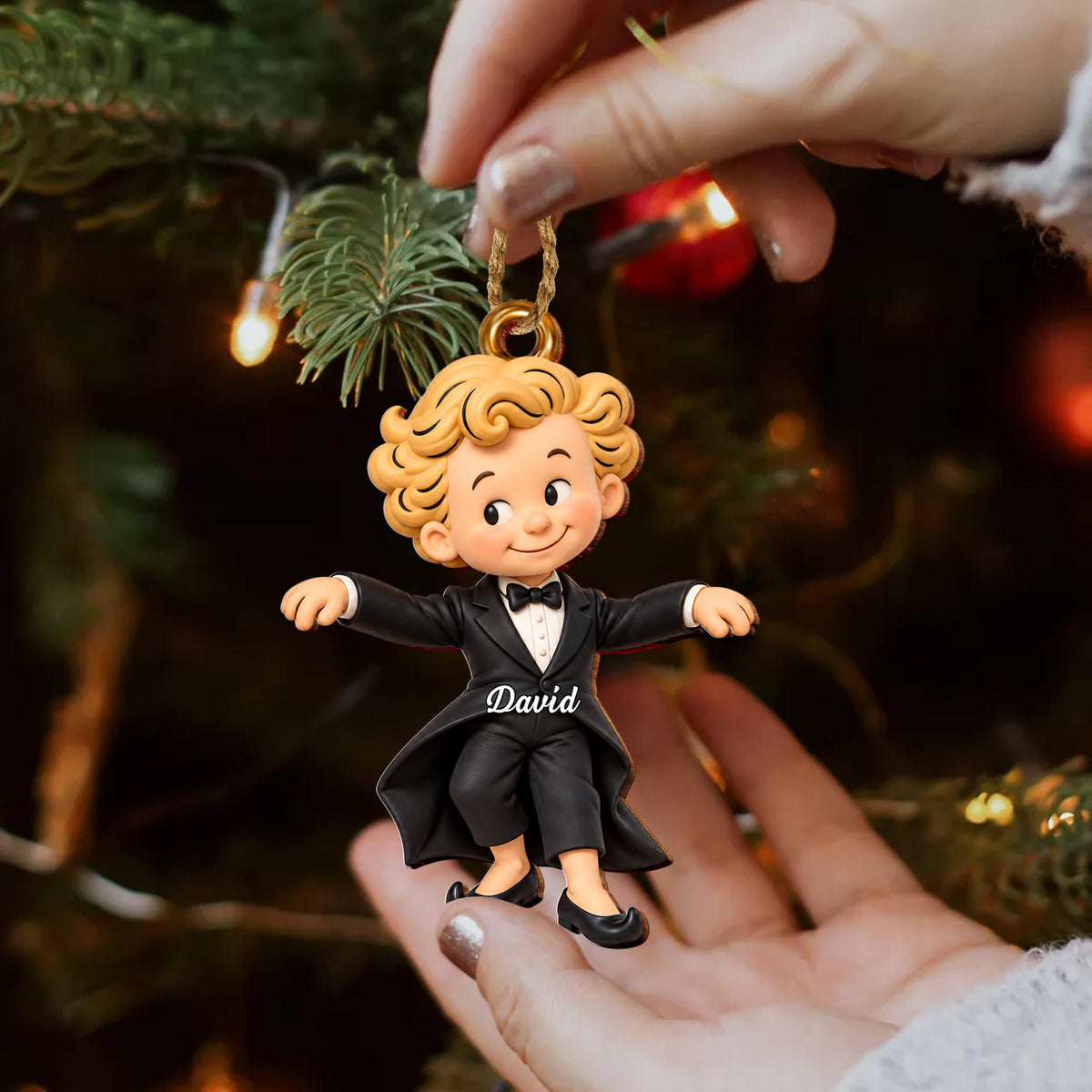 Personalized Boy in Tuxedo Wooden Ornament – Custom Name Christmas Tree Hanging Decor, Holiday Keepsake Gift - XMAS030_WDO
