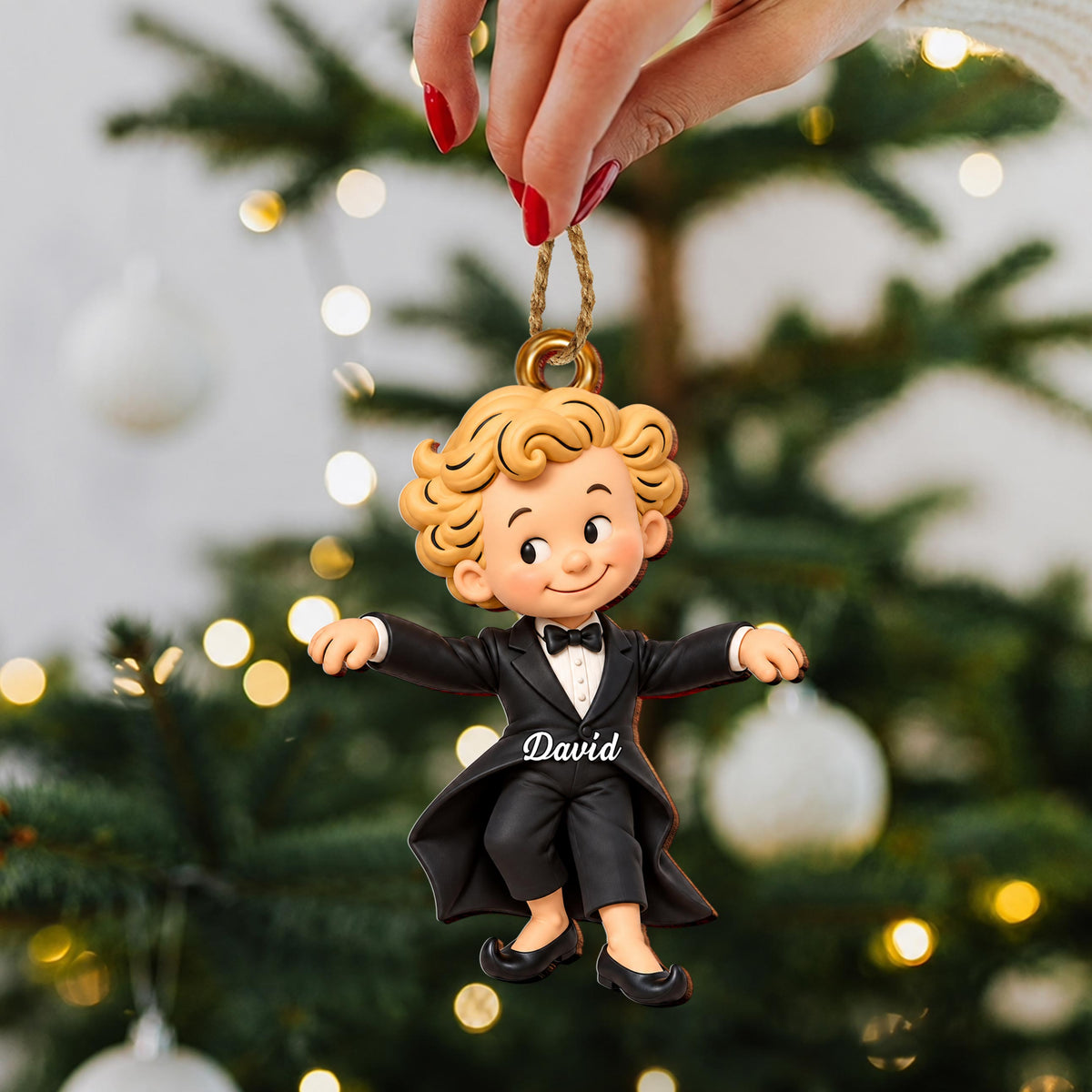 Personalized Boy in Tuxedo Wooden Ornament – Custom Name Christmas Tree Hanging Decor, Holiday Keepsake Gift - XMAS030_WDO