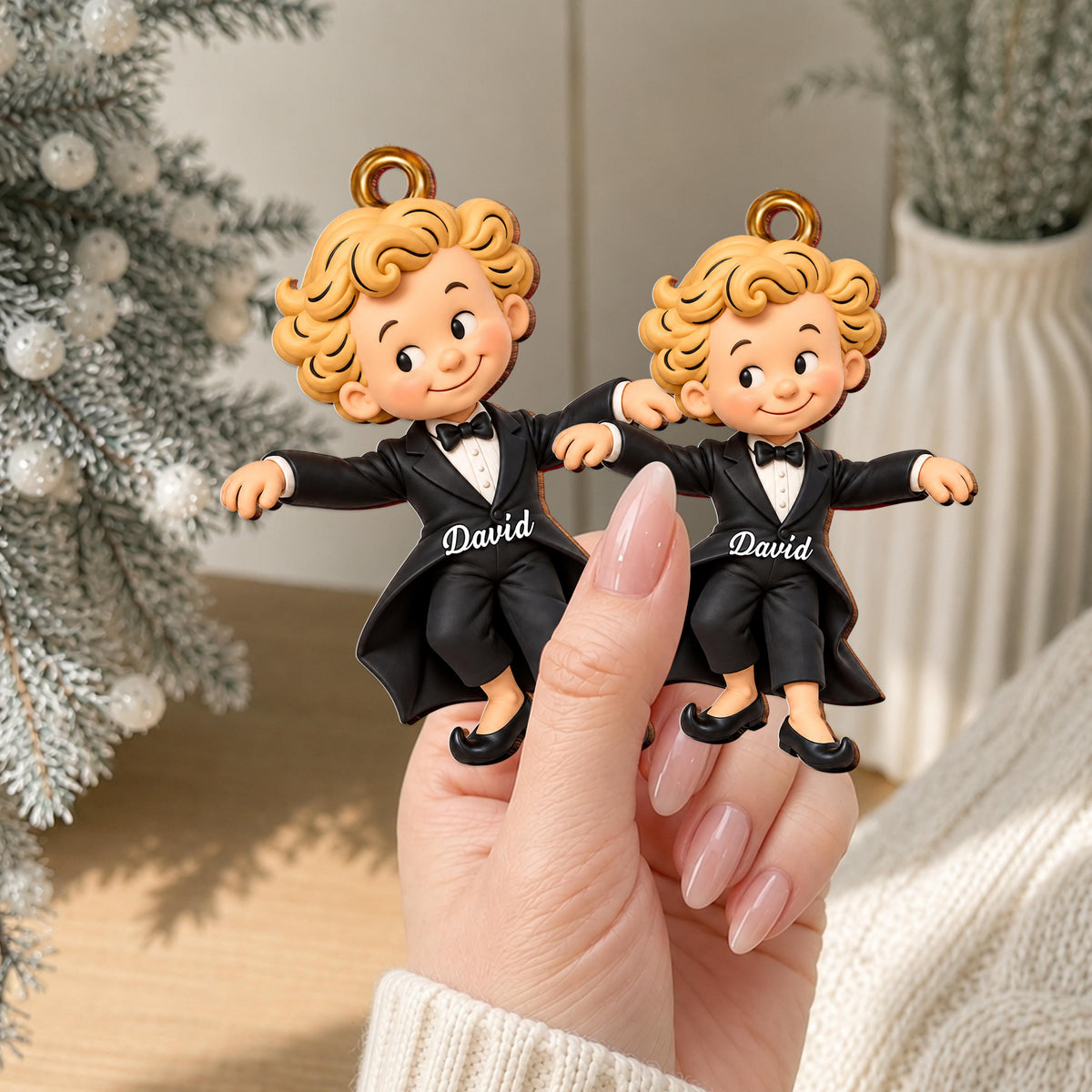 Personalized Boy in Tuxedo Wooden Ornament – Custom Name Christmas Tree Hanging Decor, Holiday Keepsake Gift - XMAS030_WDO