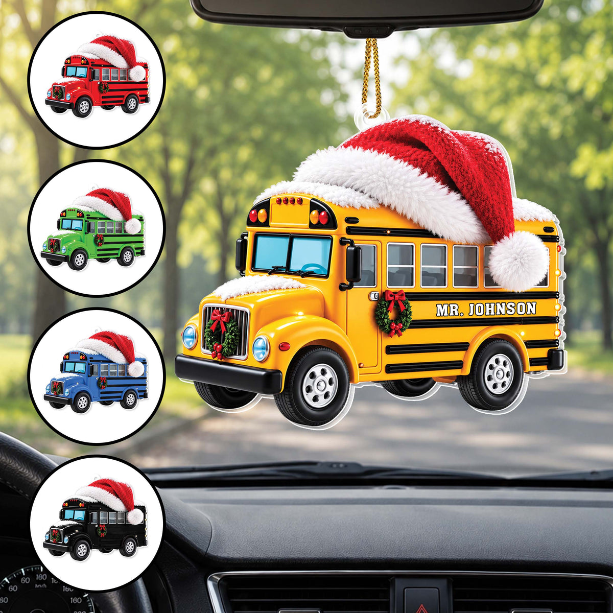 Personalized School Bus With Santa Hat & Christmas Wreath - White Acrylic Ornament - JBS004_ACO