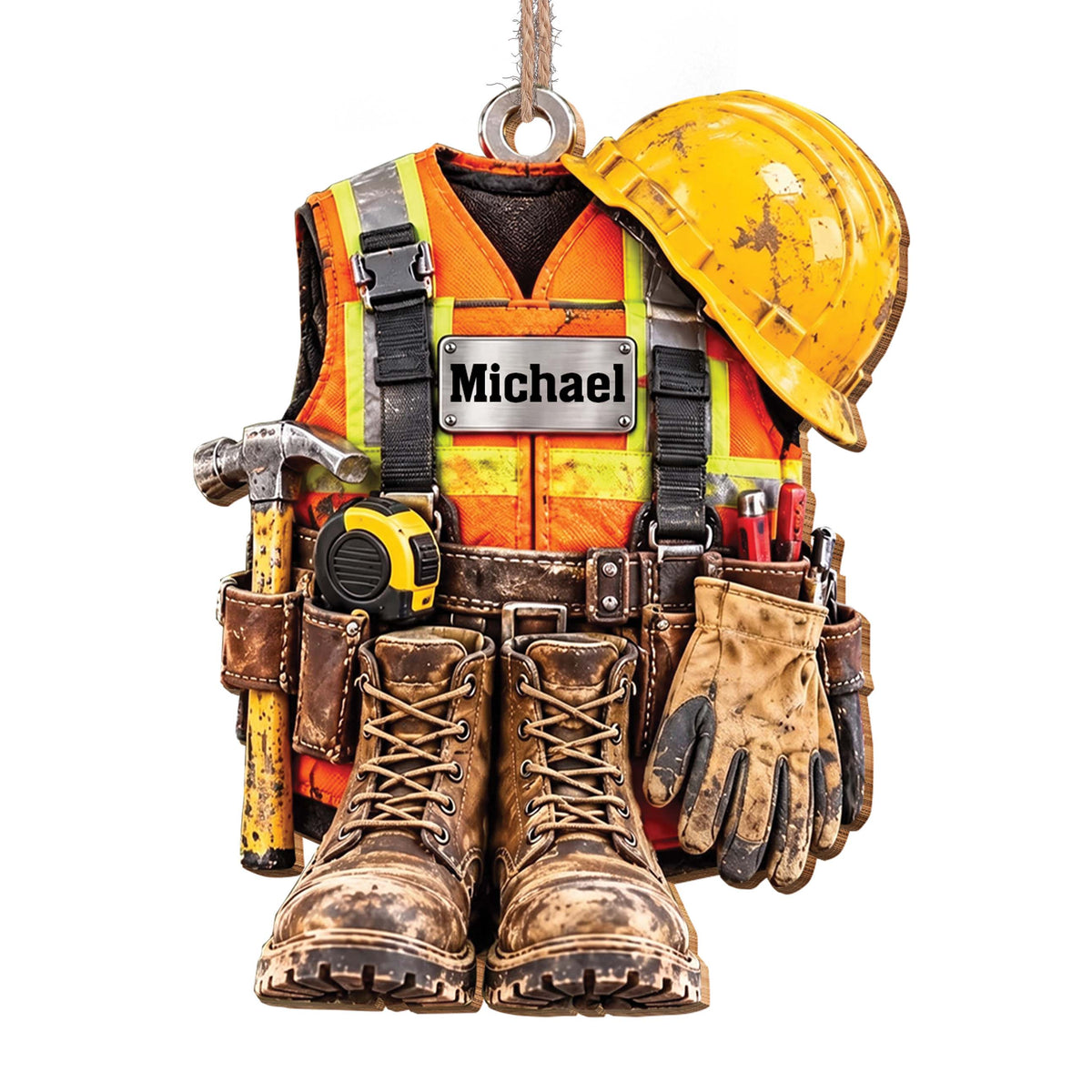 Personalized Construction Worker Wooden Ornament – Custom Name Hard Hat & Vest Christmas Tree Decor, Patriotic Christmas Gift For Handyman - JBS015_WDO